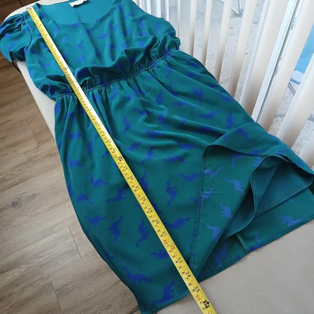 Peach Love California ModCloth Dino Print Dress M green blue blouson midi - Picture 13 of 13